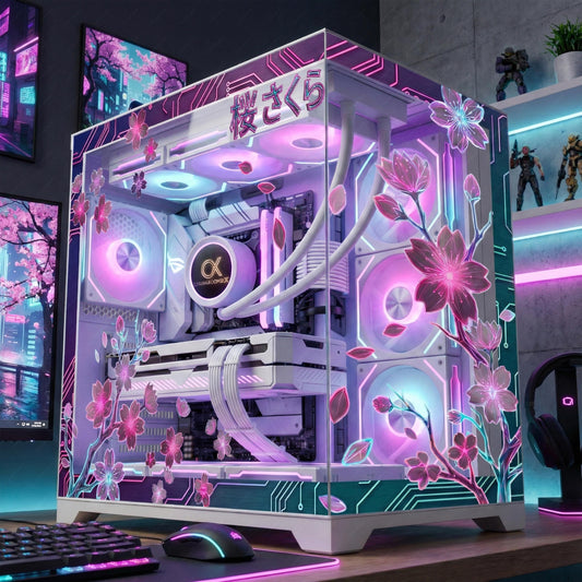 Neon Sakura PC Case Glass Skin | Cherry Blossom Static Cling for Glass Panel | Aesthetics Gaming Setup Decor | Custom Sizes