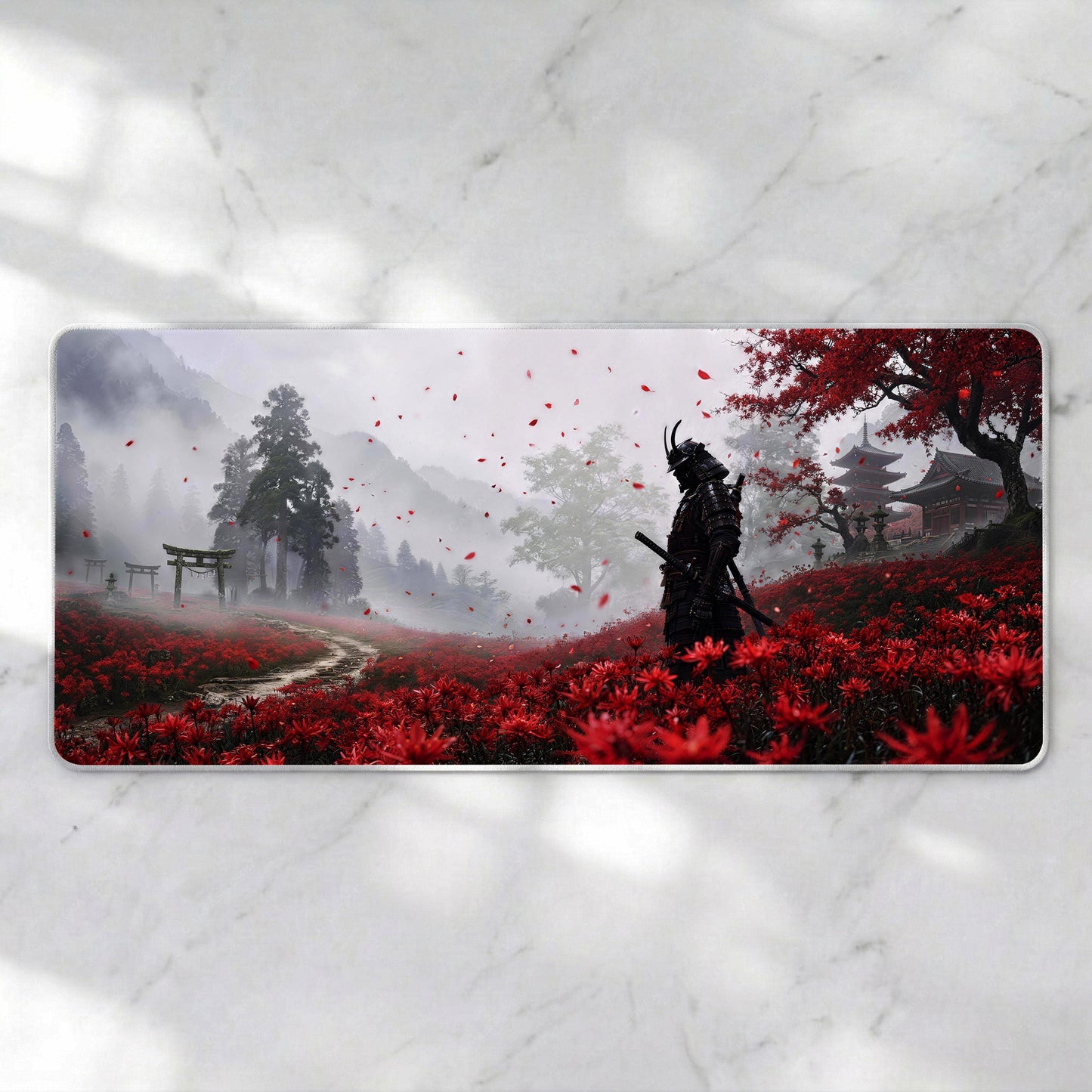 Japanese Samurai Desk Mat, Red Spider Lily Mousepad, Dark Ronin XL Deskpad, Feudal Japan Gaming Mat, Cinematic Aesthetic, 4mm Thick