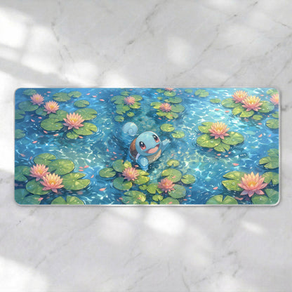 Kawaii Water Turtle Desk Mat, Lily Pad Pond Mousepad, Cute Anime XL Deskpad, Pastel Blue Cozy Gaming Mat, 4mm Thick, White Edge