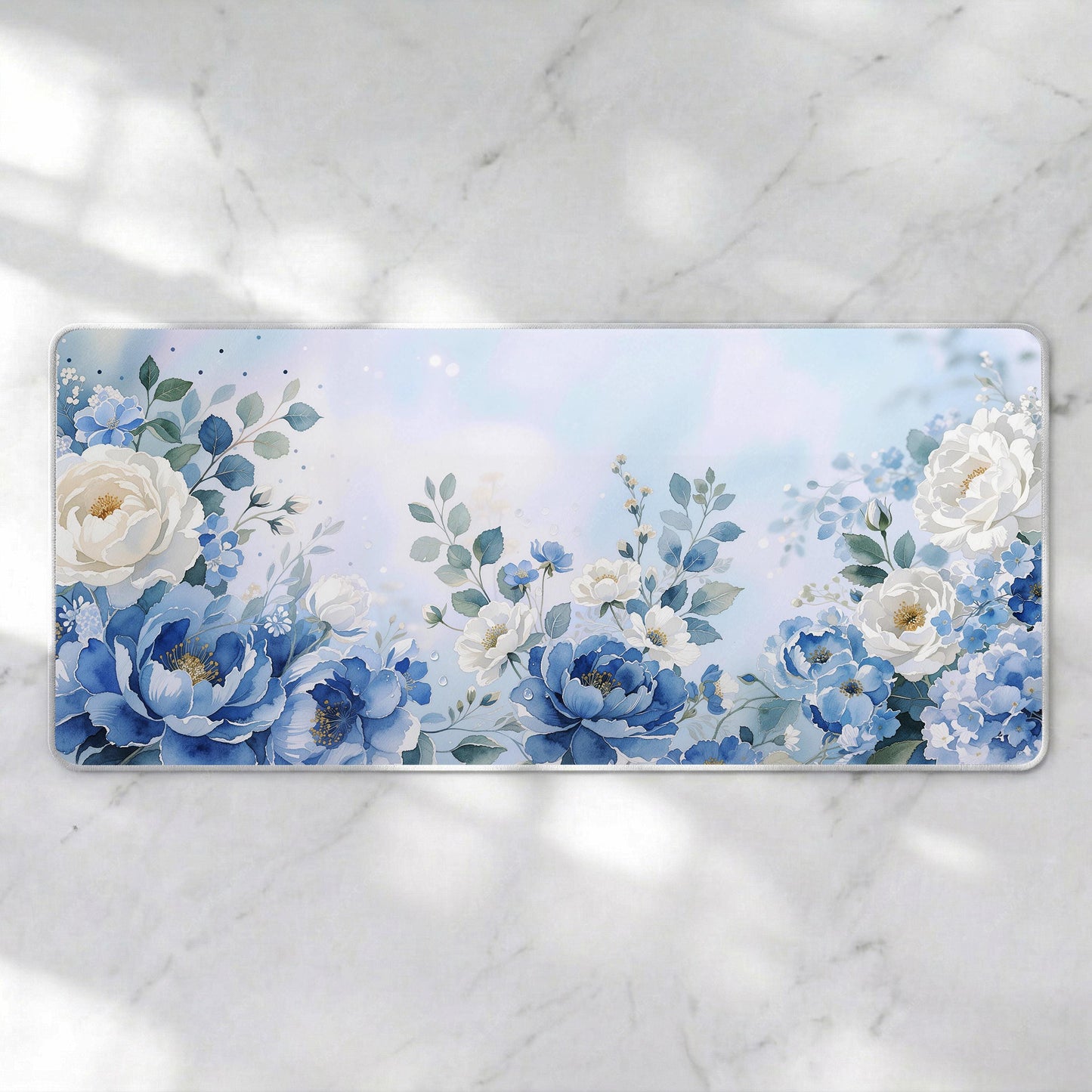 Blue Floral Mouse Pad XXL, Aesthetic Desk Mat, Cute Flower Desk Setup, Soft Girl Desk Decor, Large Gaming Mousepad