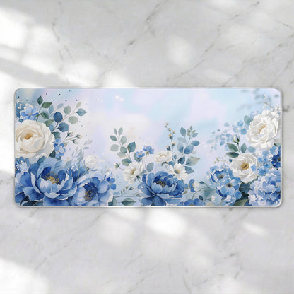 Blue Floral Mouse Pad XXL, Aesthetic Desk Mat, Cute Flower Desk Setup, Soft Girl Desk Decor, Large Gaming Mousepad