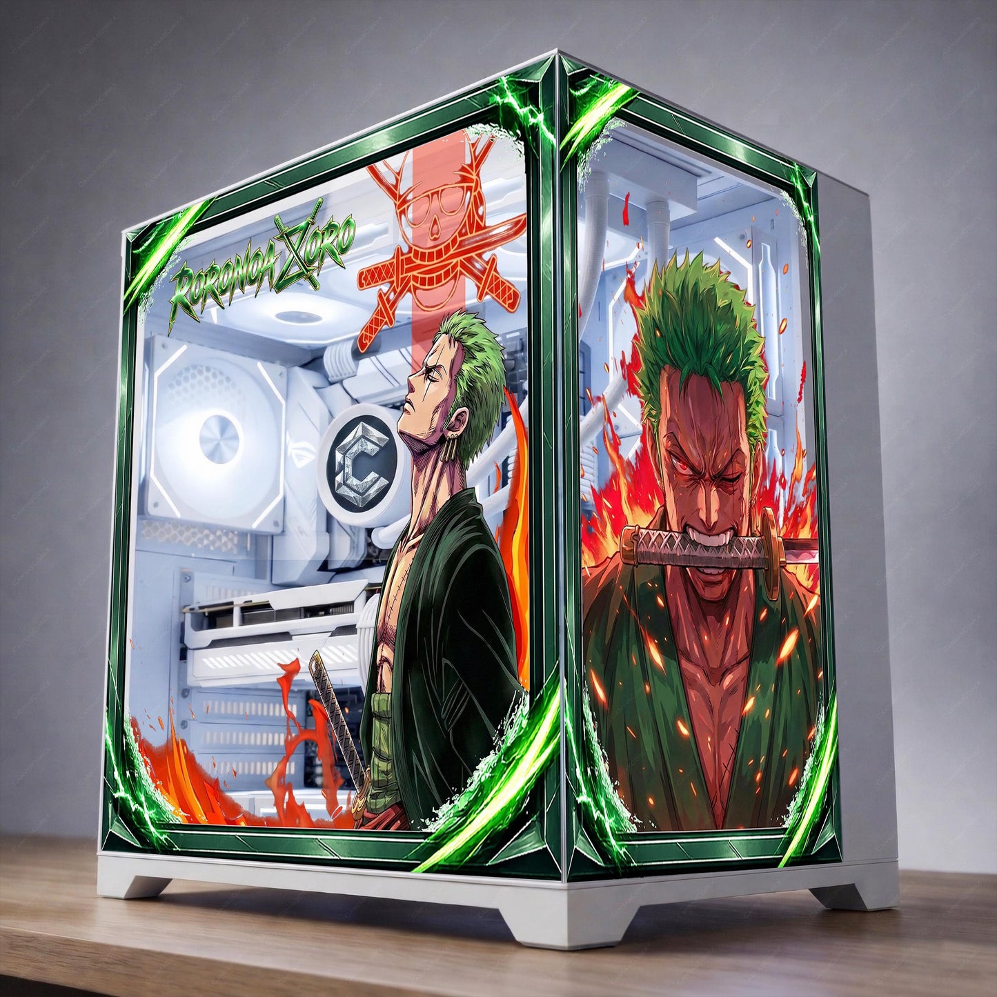 Roronoa Zoro One Piece PC Case Skin - Anime Static Cling Decal for Lian Li O11 Hyte Y70 Y60 - Reusable No-Residue Glass Wrap