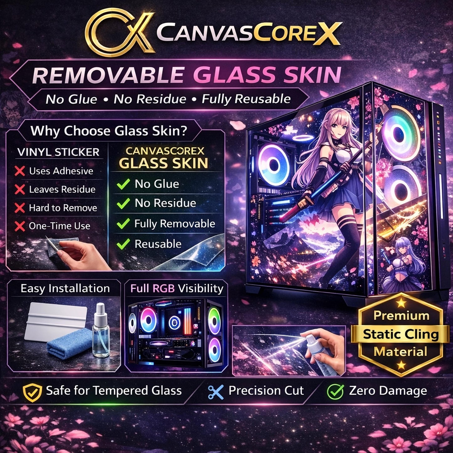 Raiden Shogun PC Case Glass Skin – Tempered Glass Panel Skin – Anime PC Case Skin - Gamer Gift