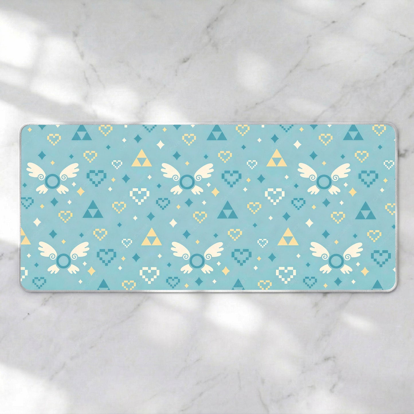 Pastel Retro Adventure Desk Mat, Cute Fairy Companion Mousepad, Pixel Heart Kawaii Deskpad, Light Blue Cozy Gaming XL Mat, 4mm Thick
