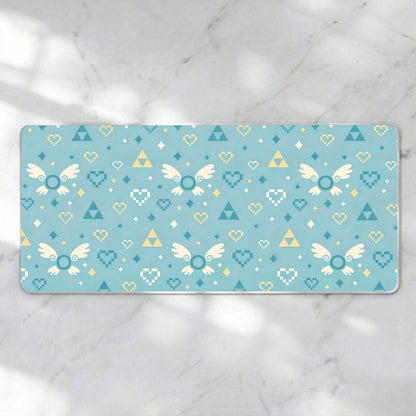 Pastel Retro Adventure Desk Mat, Cute Fairy Companion Mousepad, Pixel Heart Kawaii Deskpad, Light Blue Cozy Gaming XL Mat, 4mm Thick