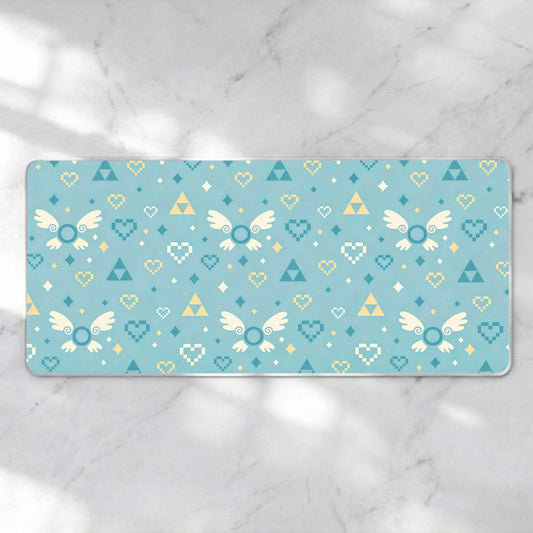 Pastel Retro Adventure Desk Mat, Cute Fairy Companion Mousepad, Pixel Heart Kawaii Deskpad, Light Blue Cozy Gaming XL Mat, 4mm Thick
