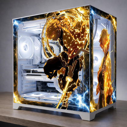Zenitsu Anime PC Case Skin – Static Cling Glass Skin – Tempered Glass Wrap – RGB Compatible – Demon Slayer Gaming Setup – Custom Size
