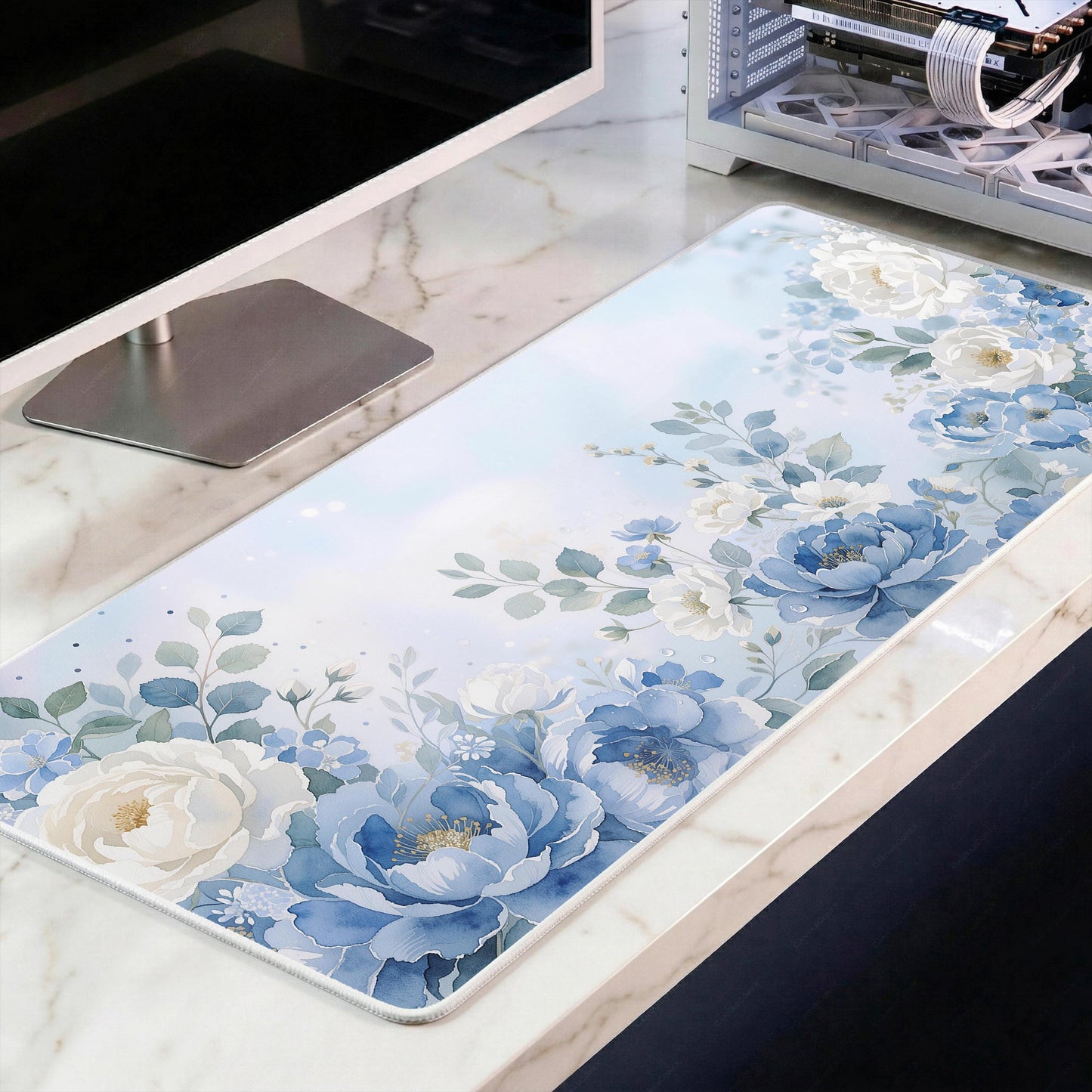 Blue Floral Mouse Pad XXL, Aesthetic Desk Mat, Cute Flower Desk Setup, Soft Girl Desk Decor, Large Gaming Mousepad