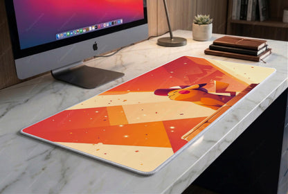 Yellow Electric Mouse Desk Mat, Geometric Sunset Anime Mousepad, Retro Gamer XL Deskpad, Warm Orange Minimalist Gaming Mat, 4mm Thick