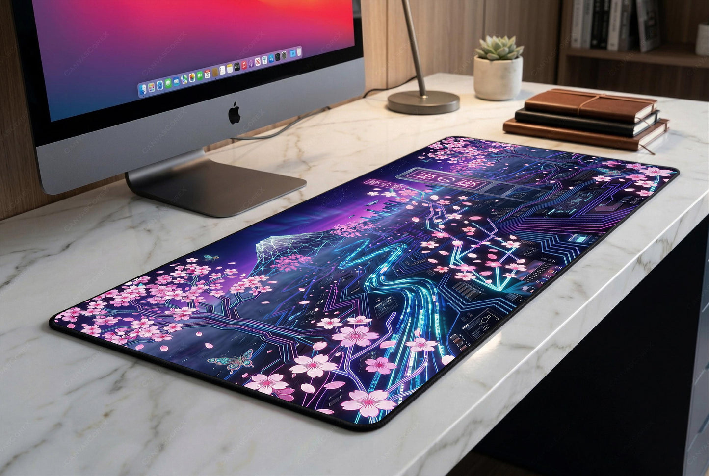 Cyberpunk Sakura Desk Mat, Neon Cherry Blossom Gaming Mousepad, Japanese Aesthetic XL Deskpad, Fuji Synthwave Mat