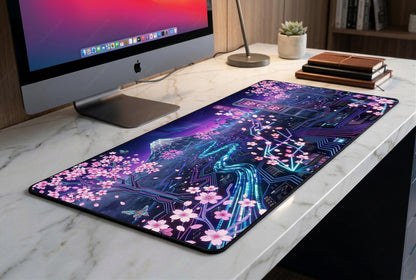 Cyberpunk Sakura Desk Mat, Neon Cherry Blossom Gaming Mousepad, Japanese Aesthetic XL Deskpad, Fuji Synthwave Mat