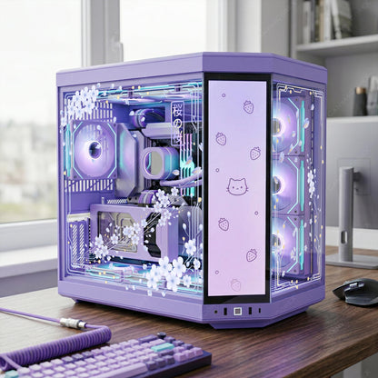 Cyber Sakura Purple PC Skin - Digital Cherry Blossom Cling Decal for Hyte Y70 Y60 Lian Li O11 - Aesthetic Purple & White Floral PC Decor