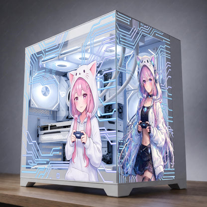 Kawaii Anime Gamer Girl PC Case Skin – Static Cling Glass Skin – Tempered Glass Wrap – RGB Setup Decor – Custom Size