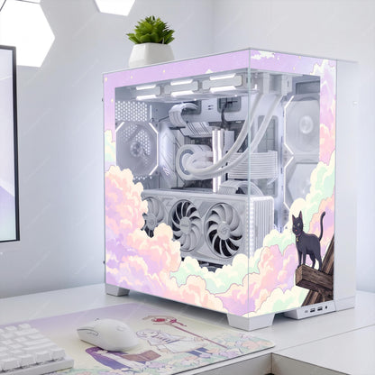 Cozy Pastel Cloud PC Case Skin - Black Cat Anime Gaming Desk Decor - Custom Fit For ANY PC - Reusable Kawaii Static Cling Decal Glass Wrap