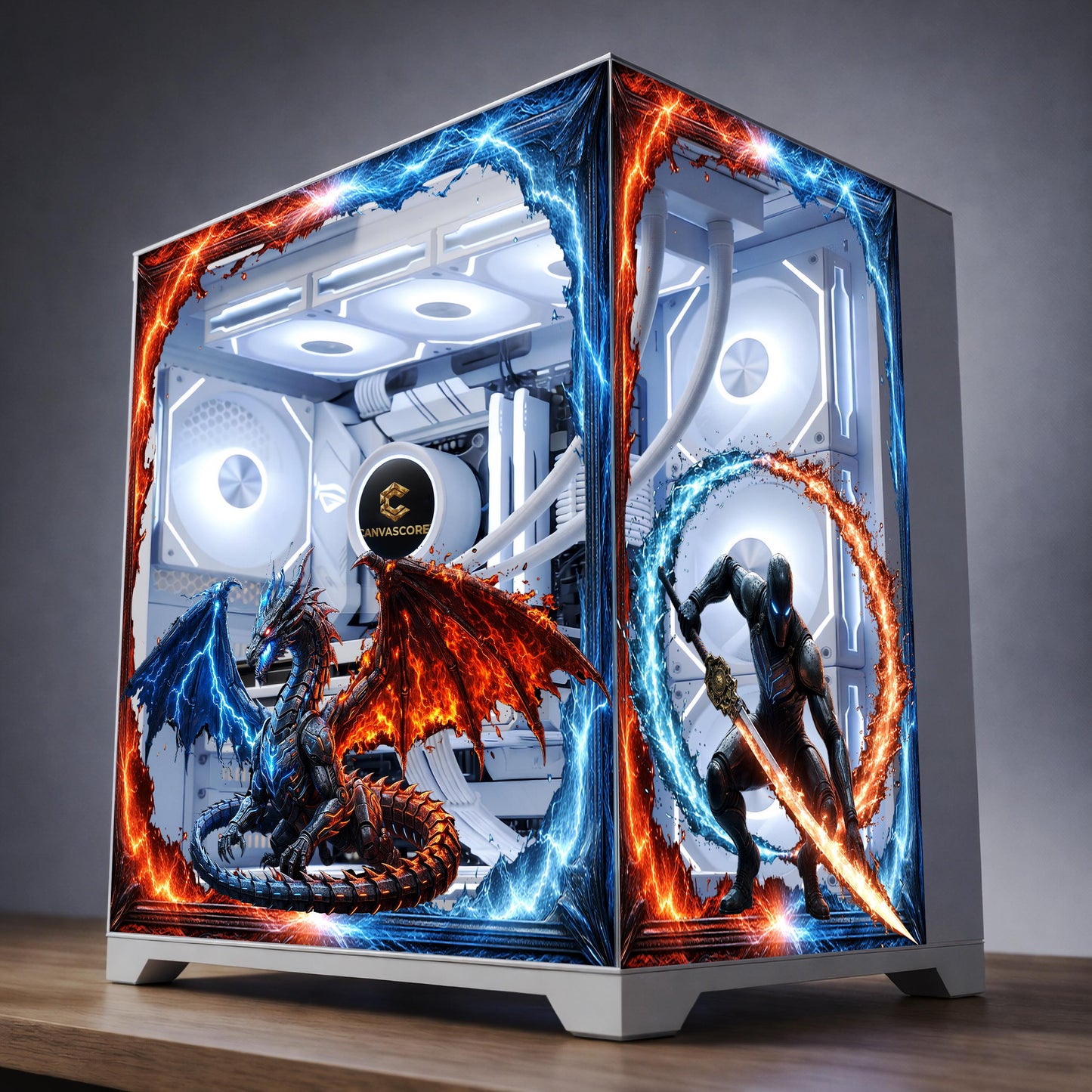 Fire and Ice Dragon PC Case Skin – Static Cling Glass Skin – Tempered Glass Wrap – RGB Compatible – Fantasy Gaming Setup – Custom Size