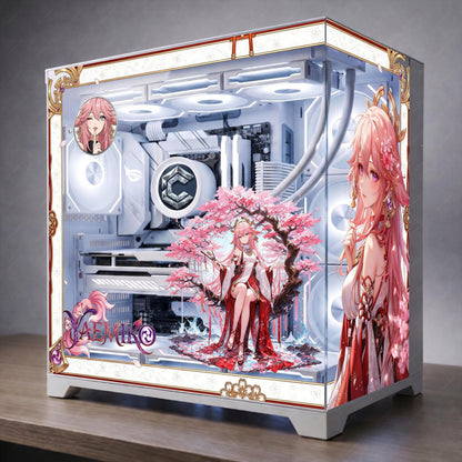 Yae Miko PC Case Skin – Anime Glass Panel Cling, Sakura Pink Gaming Setup Decor, Genshin Inspired PC Wrap, Waifu Desk Aesthetic