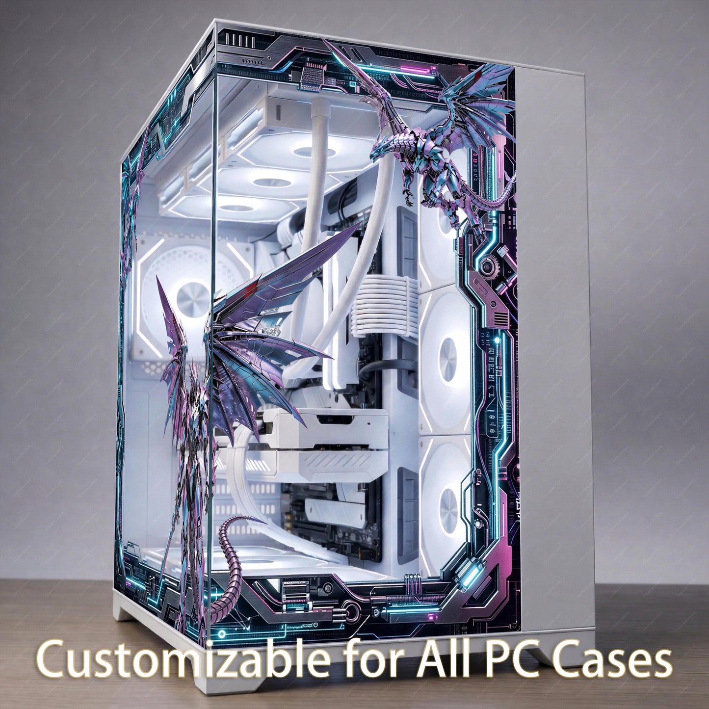 Cyber Dragon PC Case Skin - Custom Fit For ANY PC - Mecha Cyberpunk Gaming Setup Decor - Reusable Static Cling Decal - Sci-Fi Glass Wrap