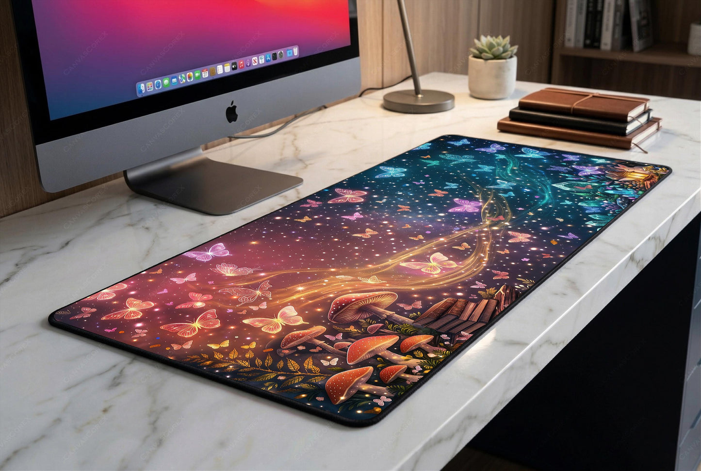 Magical Forest Galaxy Desk Mat, Glowing Butterflies Extended Mousepad, Premium 4mm Gaming Deskpad, Fantasy Crystals Desk Accessory, XL Pad