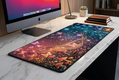 Magical Forest Galaxy Desk Mat, Glowing Butterflies Extended Mousepad, Premium 4mm Gaming Deskpad, Fantasy Crystals Desk Accessory, XL Pad