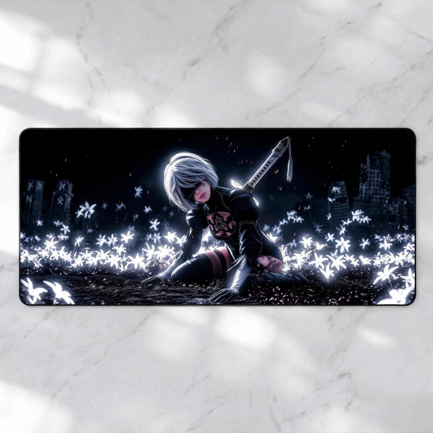 Dark Automata Desk Mat, Glowing White Flowers Mousepad, Cinematic Anime XL Deskpad, Sci-Fi RPG Gaming Mat, Premium 4mm Thick
