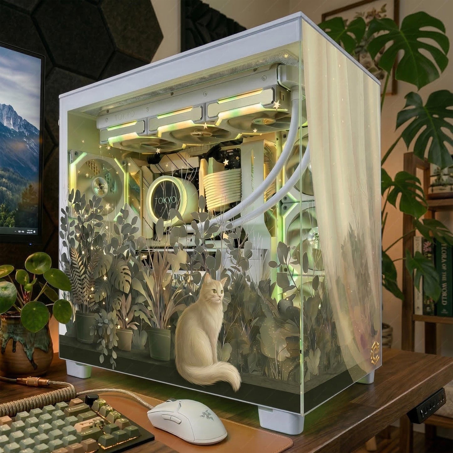 Cozy Botanical Garden & White Cat — Static Cling PC Case Skin | Whimsical Nature Aesthetic | Easy Apply and Removable