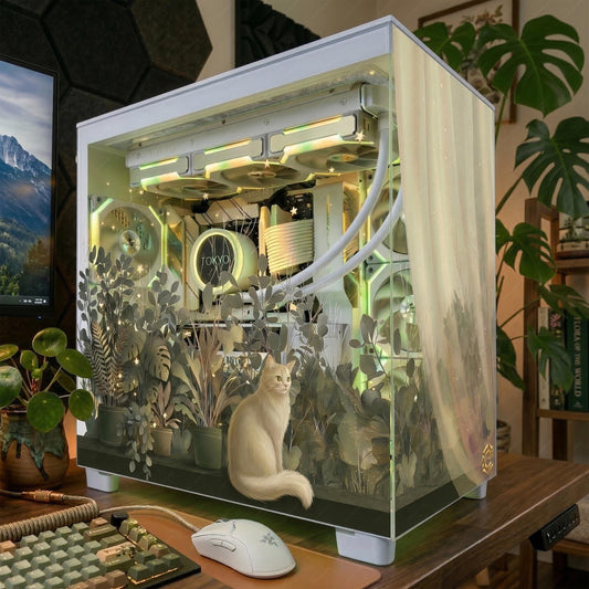 Cozy Botanical Garden & White Cat — Static Cling PC Case Skin | Whimsical Nature Aesthetic | Easy Apply and Removable