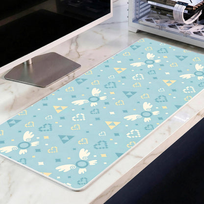 Pastel Retro Adventure Desk Mat, Cute Fairy Companion Mousepad, Pixel Heart Kawaii Deskpad, Light Blue Cozy Gaming XL Mat, 4mm Thick