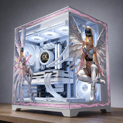 Angel PC Tempered Glass Skin | Anime Gamer Girl PC Decal | Reusable Custom PC Case Sticker | White Pink Setup
