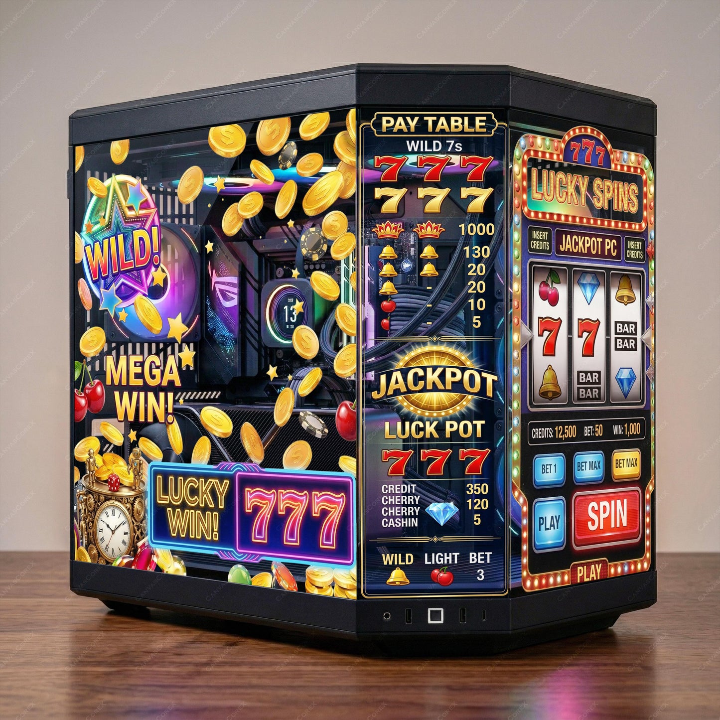 Hyte Y70 PC Case Skin Slot Machine Theme RGB Gaming Setup | Lucky 777 Static Cling Glass Panel | Casino Aesthetic PC Mod | No Residue Vinyl