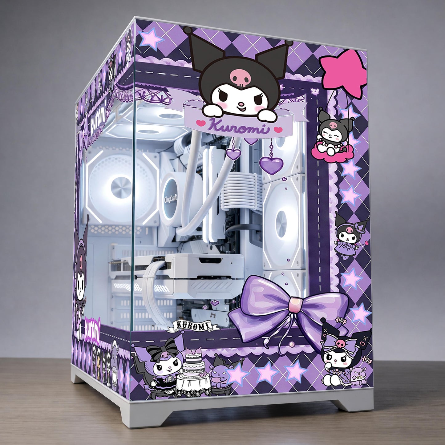 Kuromi PC Case Skin – Static Cling Glass Skin – Tempered Glass Wrap – Kawaii Purple Gaming Setup Decor – Custom Size