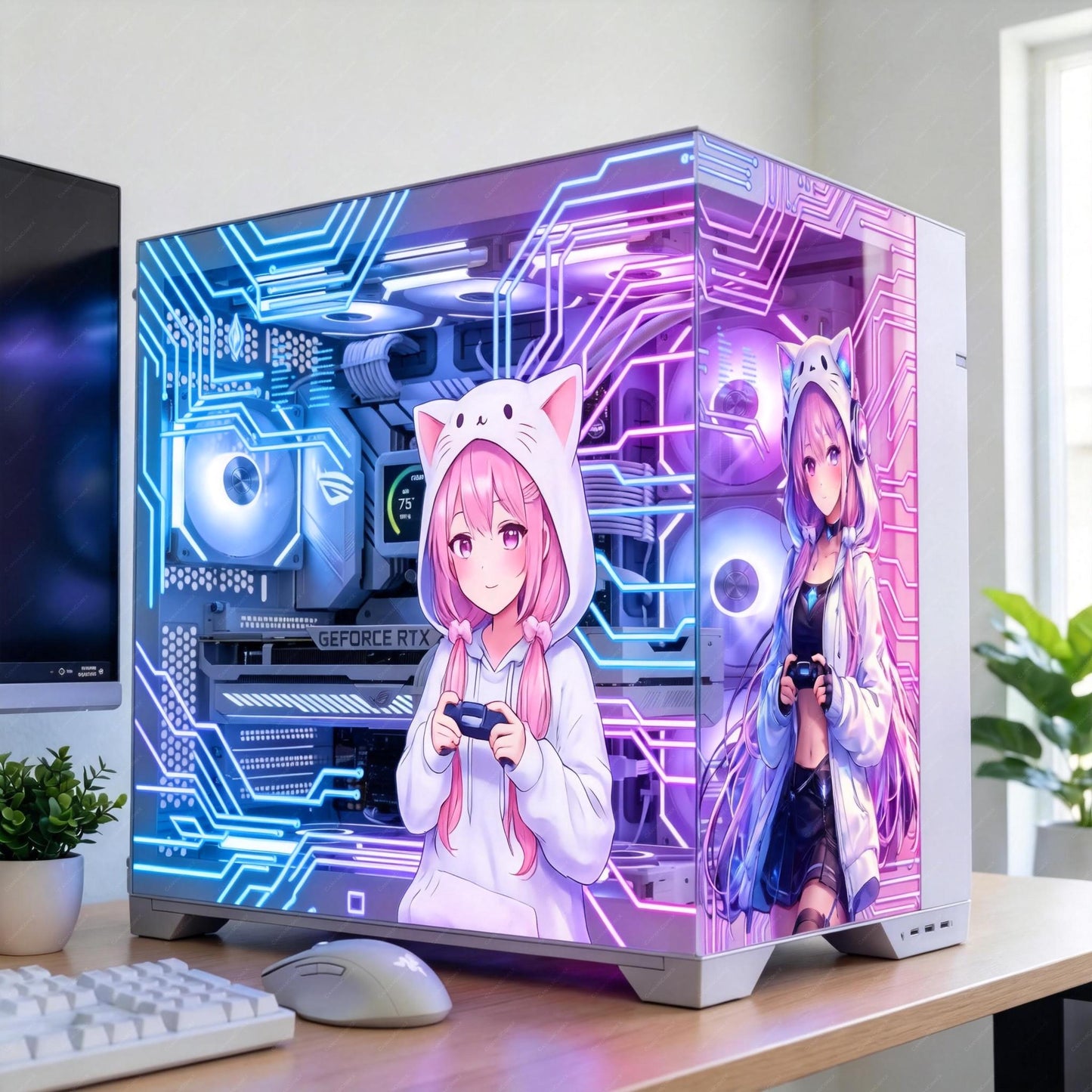 Kawaii Anime Gamer Girl PC Case Skin – Static Cling Glass Skin – Tempered Glass Wrap – RGB Setup Decor – Custom Size