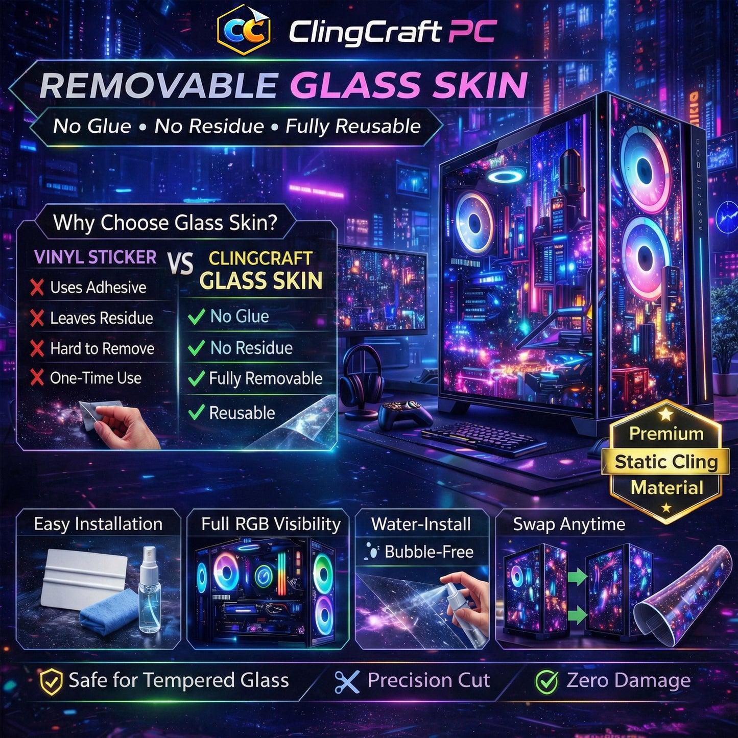 Custom PC Case Skin – Static Cling Glass Skin – Personalized Tempered Glass Wrap – RGB Compatible – Upload Your Design