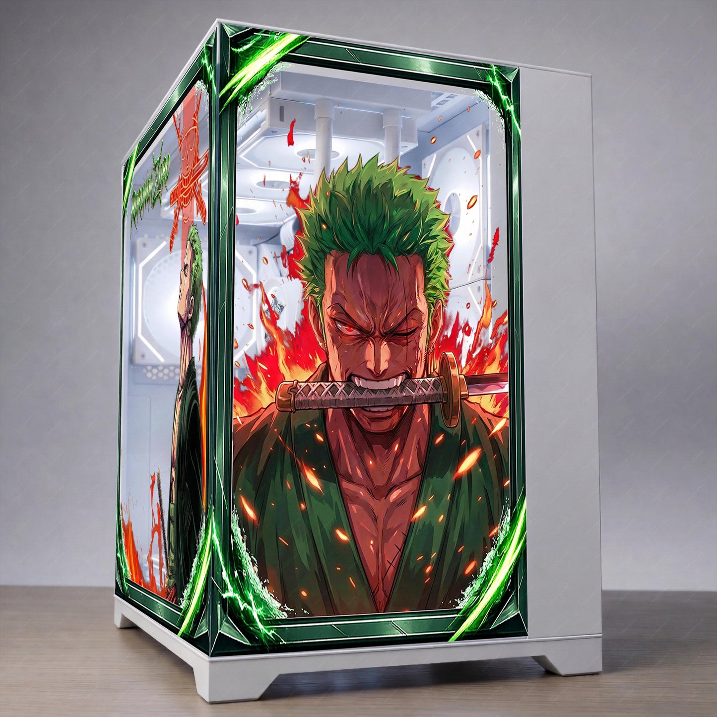 Roronoa Zoro One Piece PC Case Skin - Anime Static Cling Decal for Lian Li O11 Hyte Y70 Y60 - Reusable No-Residue Glass Wrap