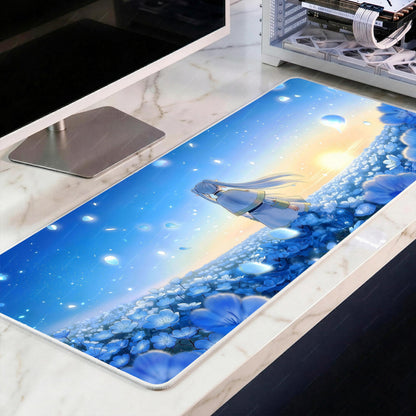 Frieren Beyond Journey's End Desk Mat, Blue Moonweed Flower Field XL Mousepad, Anime Sunset Landscape Deskpad, 4mm Thick Premium Gaming Mat