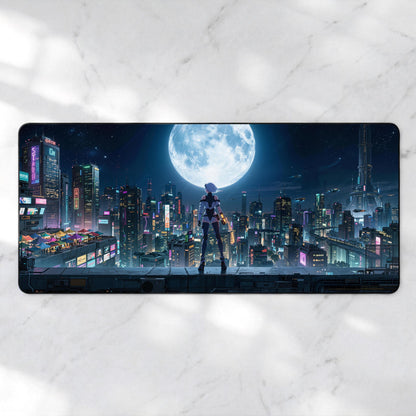 Cyberpunk Anime Desk Mat, Futuristic Night City Mousepad, Sci-Fi Giant Moon Deskpad, Neon Aesthetic XL Gaming Mat, Premium 4mm Thick