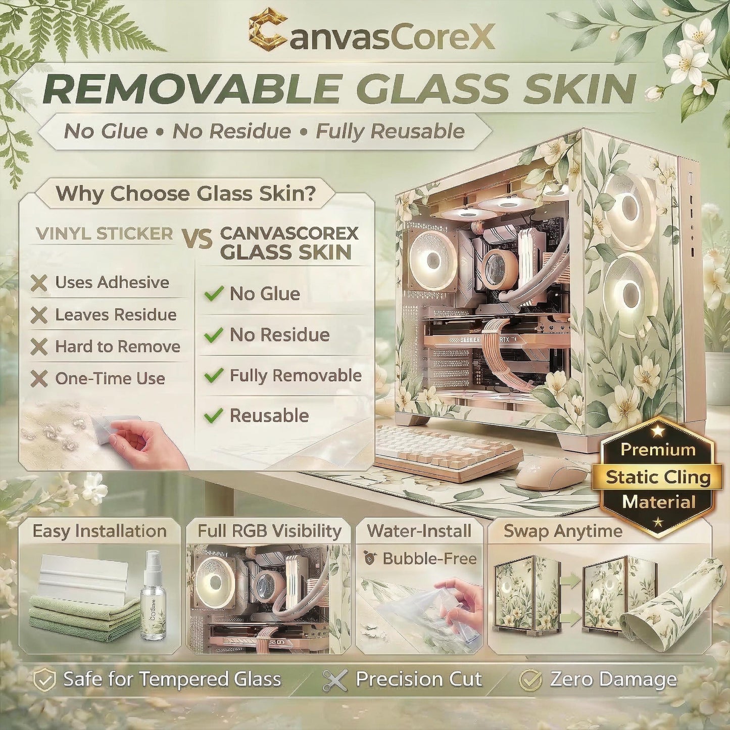 Cozy Botanical Garden & White Cat — Static Cling PC Case Skin | Whimsical Nature Aesthetic | Easy Apply and Removable