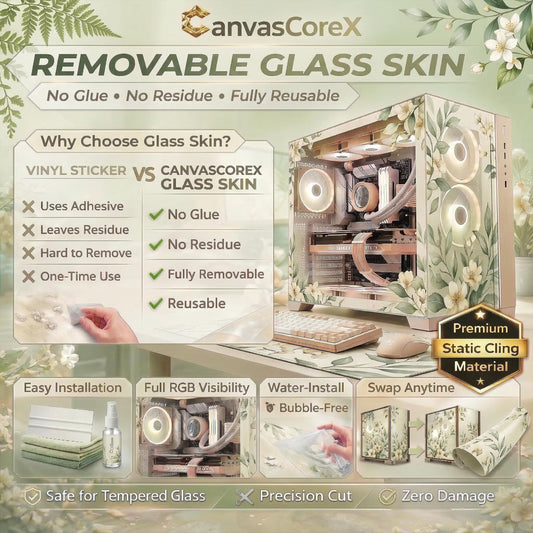 Cozy Botanical Garden & White Cat — Static Cling PC Case Skin | Whimsical Nature Aesthetic | Easy Apply and Removable