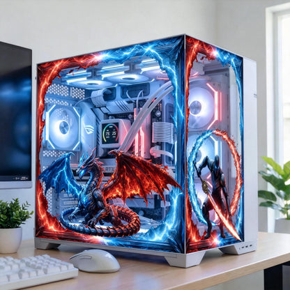 Fire and Ice Dragon PC Case Skin – Static Cling Glass Skin – Tempered Glass Wrap – RGB Compatible – Fantasy Gaming Setup – Custom Size