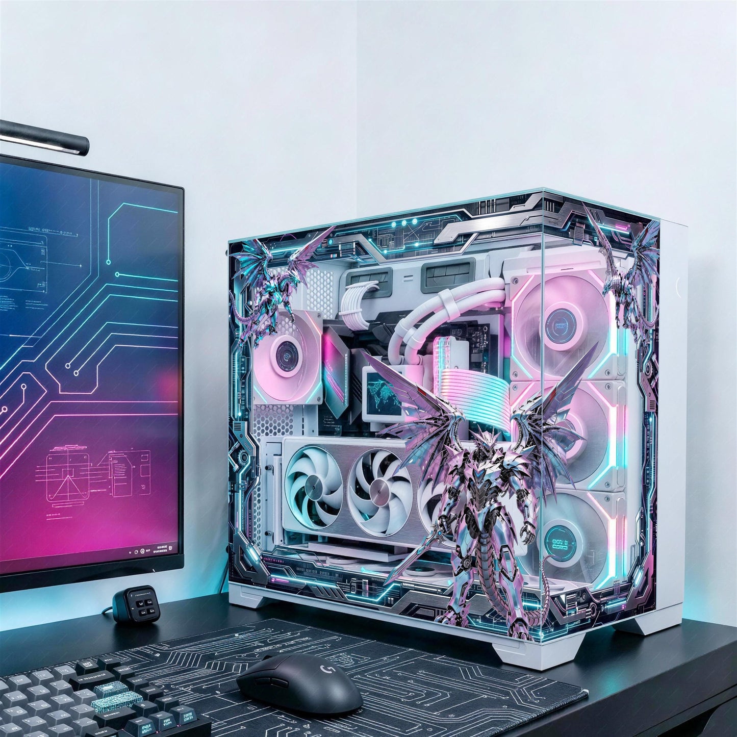 Cyber Dragon PC Case Skin - Custom Fit For ANY PC - Mecha Cyberpunk Gaming Setup Decor - Reusable Static Cling Decal - Sci-Fi Glass Wrap