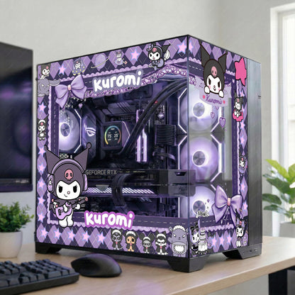 Kuromi PC Case Skin – Static Cling Glass Skin – Tempered Glass Wrap – Kawaii Purple Gaming Setup Decor – Custom Size
