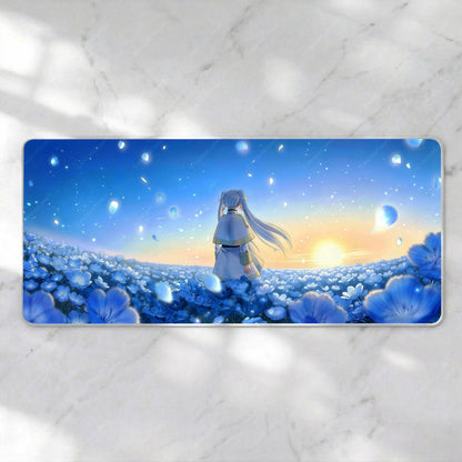 Frieren Beyond Journey's End Desk Mat, Blue Moonweed Flower Field XL Mousepad, Anime Sunset Landscape Deskpad, 4mm Thick Premium Gaming Mat