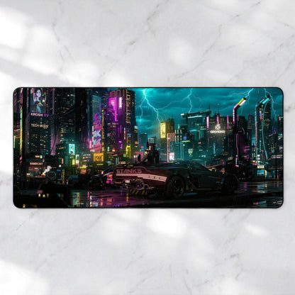 Cyberpunk Night City Desk Mat, Neon Street Futuristic Car Mousepad, Sci-Fi Gaming XL Deskpad, Synthwave Aesthetic, 4mm Thick Pad