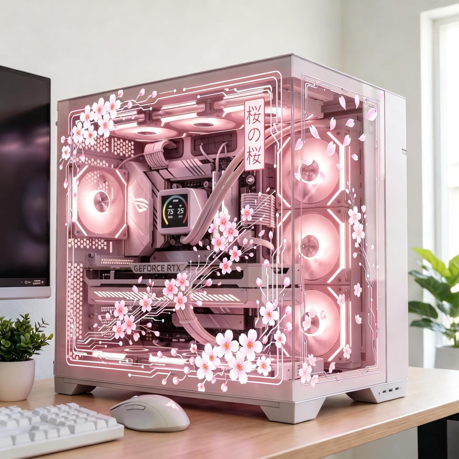 Pink and white computer case with floral design on a desk