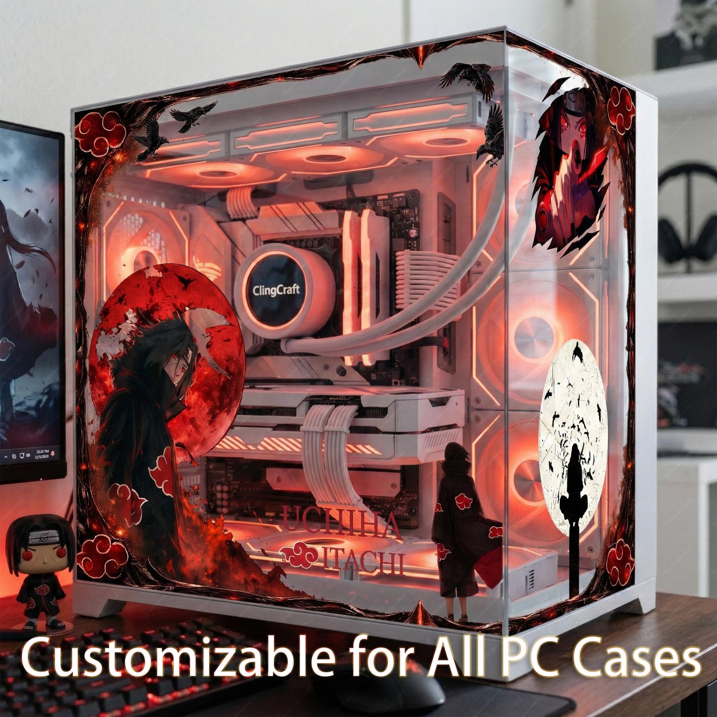 Rogue Ninja Raven PC Skin | Red Moon Anime Aesthetic | Dark Fantasy Static Cling | Black and Red Gaming Setup | Custom Glass Decal