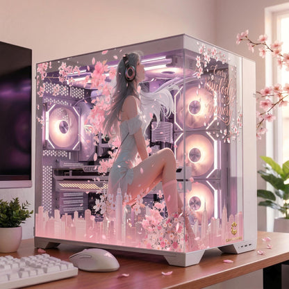 Sakura PC Case Skin | Anime Girl PC Glass Panel Decal | Pink Aesthetic Gaming Setup | Custom Static Cling Cover | Cute PC Mod