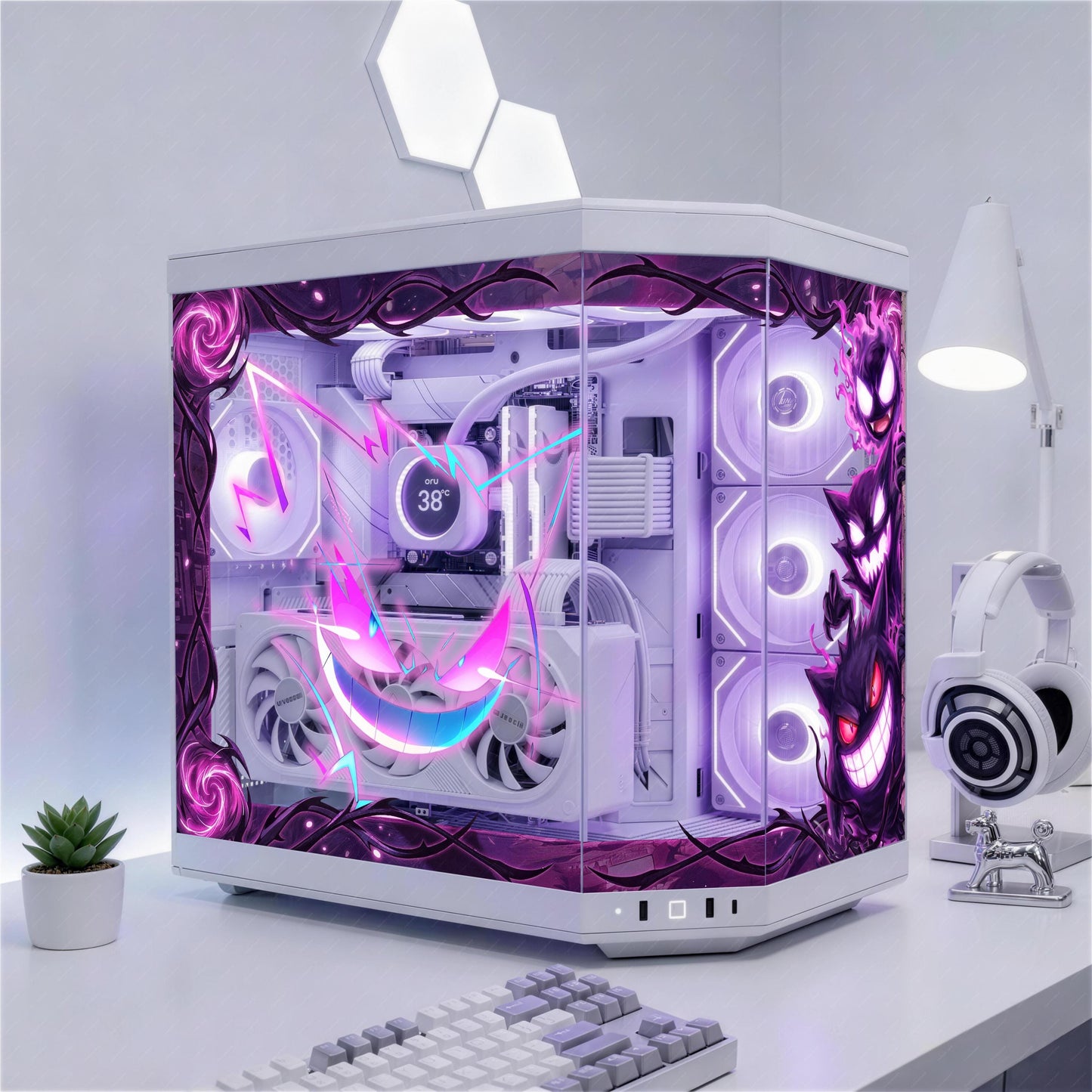 Ghost Anime Monster PC Case Skin - Custom Fit For ANY PC - Neon Purple Gaming Setup Decor - Reusable Static Cling Decal - Spooky Glass Wrap