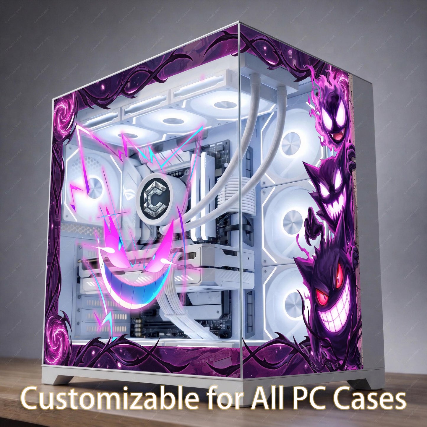 Ghost Anime Monster PC Case Skin - Custom Fit For ANY PC - Neon Purple Gaming Setup Decor - Reusable Static Cling Decal - Spooky Glass Wrap