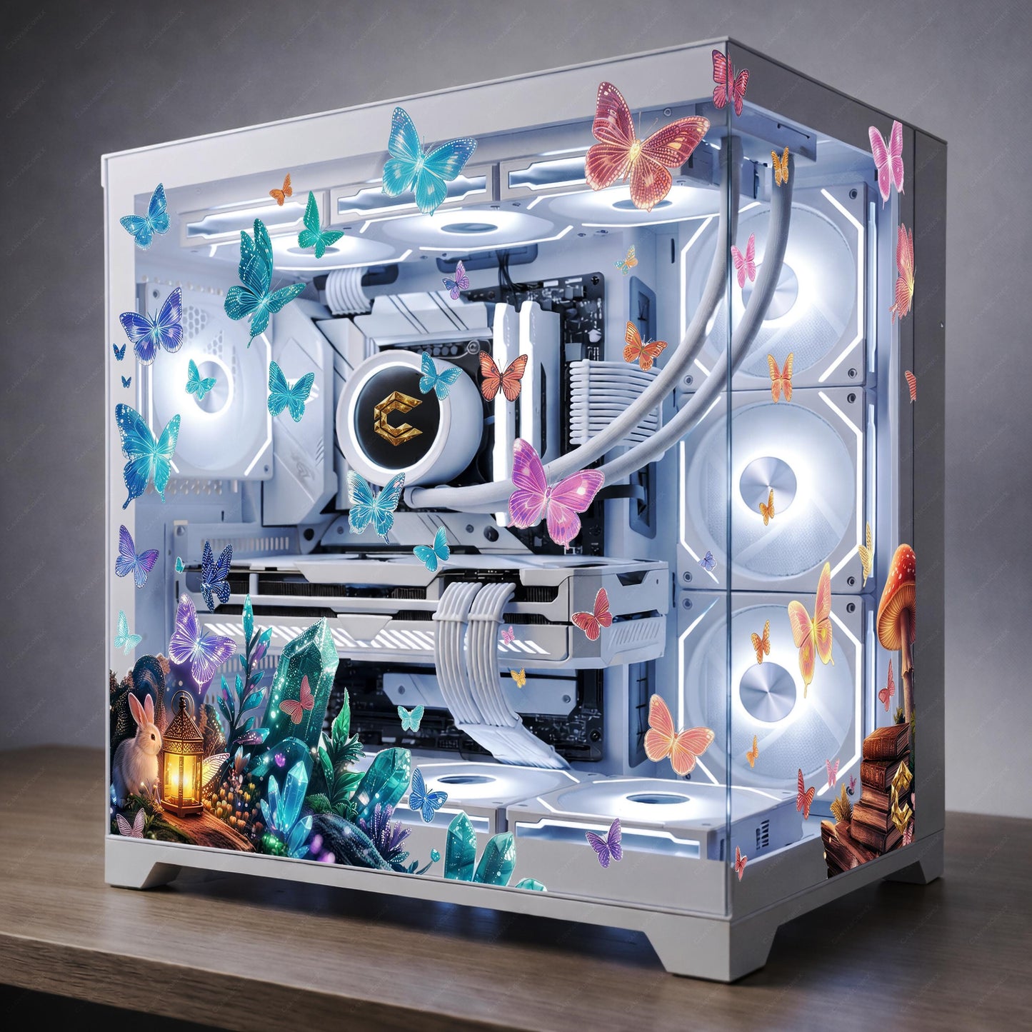 Whimsical Butterfly PC Case Skin - Magical Forest Static Cling Decal - Custom Gaming PC Aesthetic - Reusable No-Residue Glass Wrap