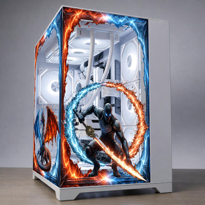 Fire and Ice Dragon PC Case Skin – Static Cling Glass Skin – Tempered Glass Wrap – RGB Compatible – Fantasy Gaming Setup – Custom Size