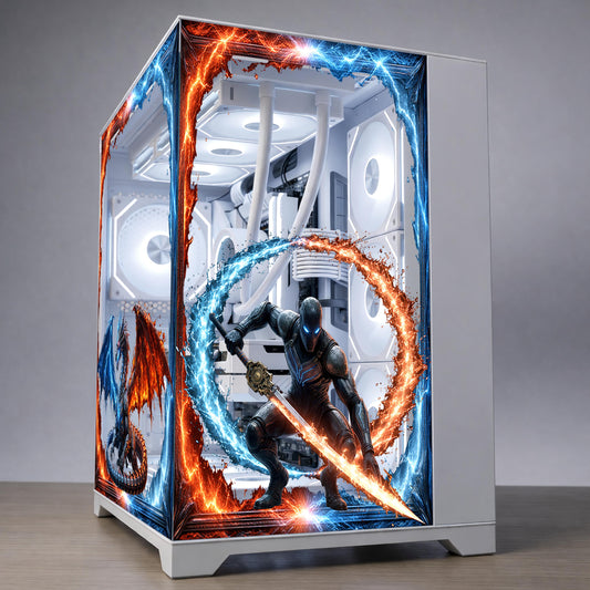Fire and Ice Dragon PC Case Skin – Static Cling Glass Skin – Tempered Glass Wrap – RGB Compatible – Fantasy Gaming Setup – Custom Size